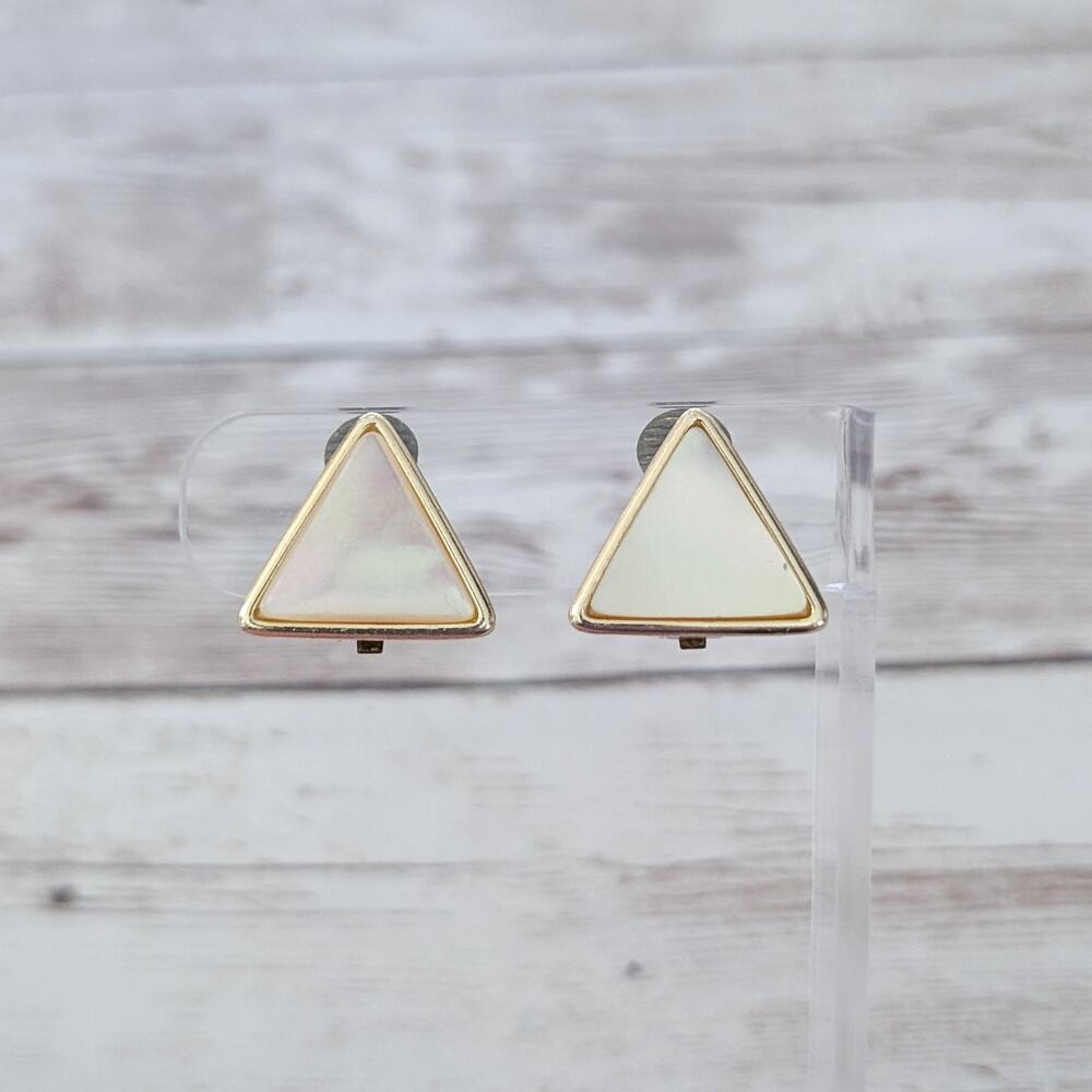 Vintage Clip On Earrings 0.75" Mother of Pearl? Triangle - Tarnish to Rear